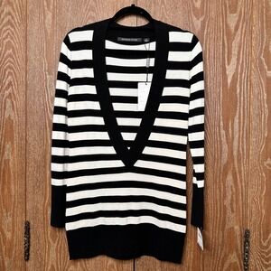 NWT Michelle Nicole Deep V Neck Sweater Women's Black White Striped Long Sleeve